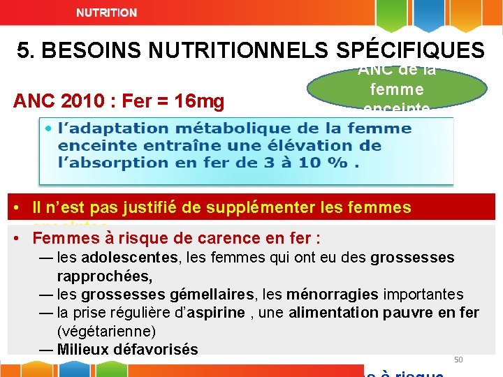 5. BESOINS NUTRITIONNELS SPÉCIFIQUES ANC 2010 : Fer = 16 mg ANC de la