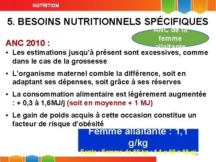 5. BESOINS NUTRITIONNELS SPÉCIFIQUES ANC de la femme ANC 2010 : allaitante • Les