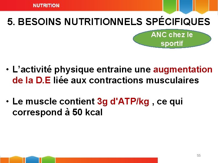 5. BESOINS NUTRITIONNELS SPÉCIFIQUES ANC chez le sportif • L’activité physique entraine une augmentation