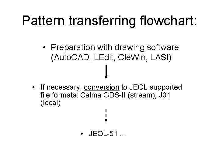 Pattern transferring flowchart: • Preparation with drawing software (Auto. CAD, LEdit, Cle. Win, LASI) Pattern transferring flowchart: • Preparation with drawing software (Auto. CAD, LEdit, Cle. Win, LASI)