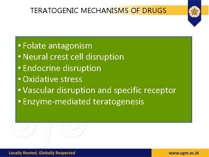 TERATOGENIC MECHANISMS OF DRUGS • Folate antagonism • Neural crest cell disruption • Endocrine