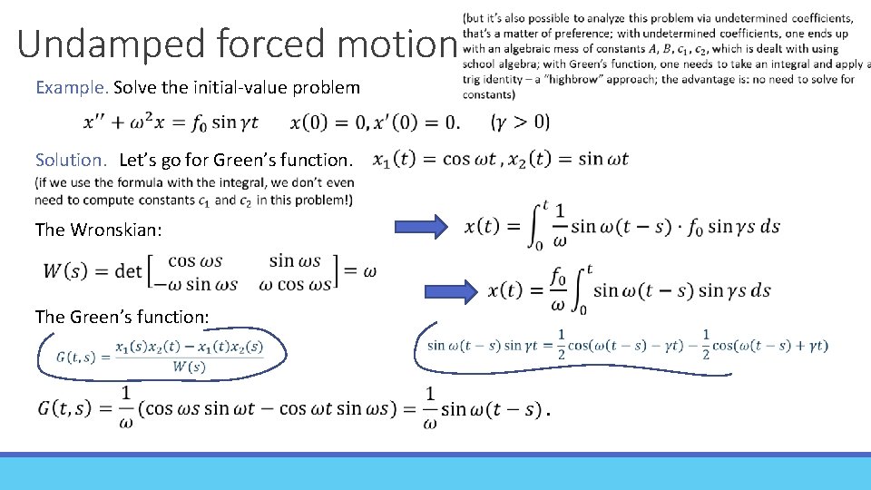 Undamped forced motion Example. Solve the initial-value problem Solution. Let’s go for Green’s function.