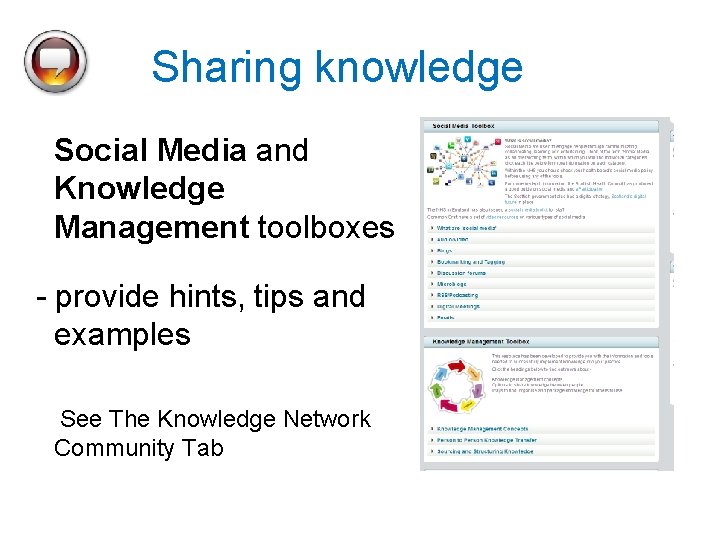 Sharing knowledge Social Media and Knowledge Management toolboxes - provide hints, tips and examples