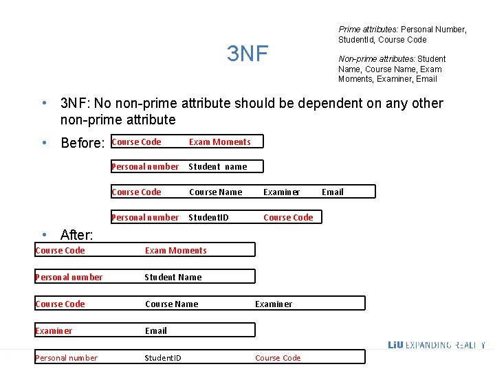3 NF Prime attributes: Personal Number, Student. Id, Course Code Non-prime attributes: Student Name,