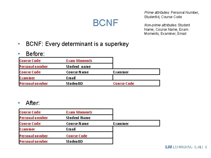 BCNF • BCNF: Every determinant is a superkey • Before: Course Code Personal number