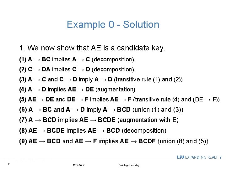 Example 0 - Solution 1. We now show that AE is a candidate key.