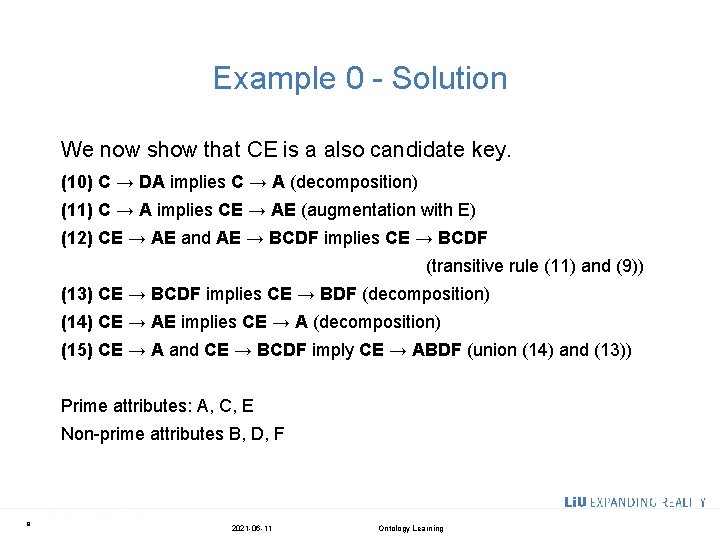 Example 0 - Solution We now show that CE is a also candidate key.