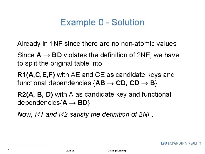 Example 0 - Solution Already in 1 NF since there are no non-atomic values