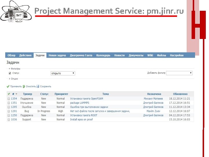 Project Management Service: pm. jinr. ru 