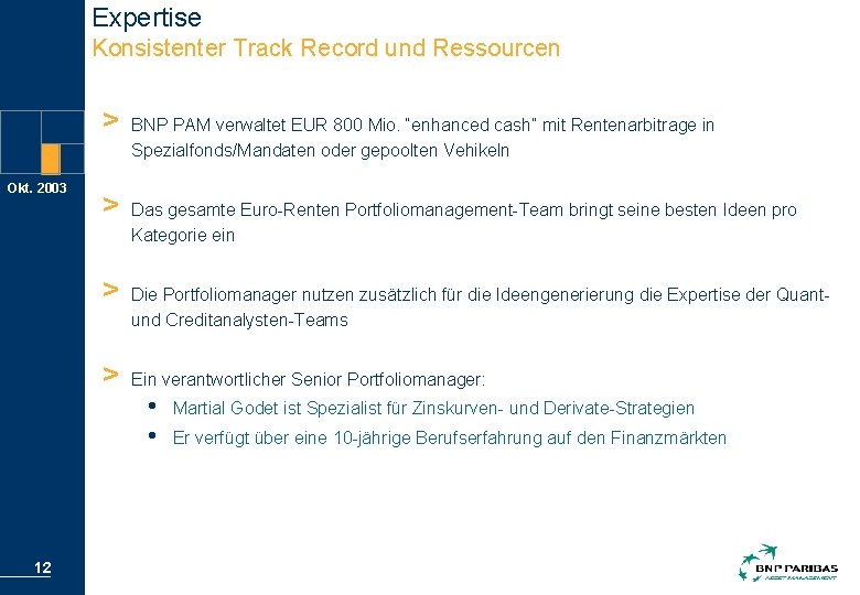 Expertise Konsistenter Track Record und Ressourcen > Okt. 2003 > > > 12 BNP