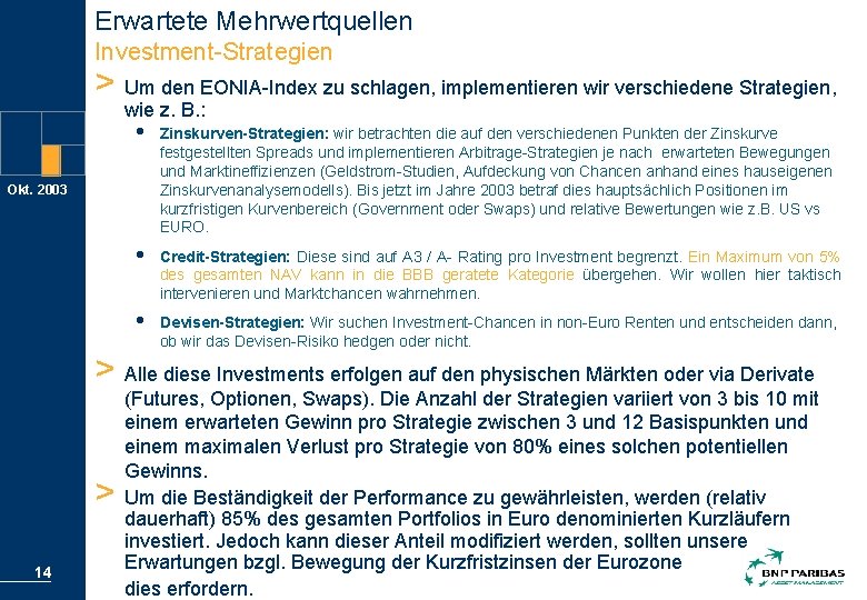 Erwartete Mehrwertquellen Investment-Strategien > Um den EONIA-Index zu schlagen, implementieren wir verschiedene Strategien, wie