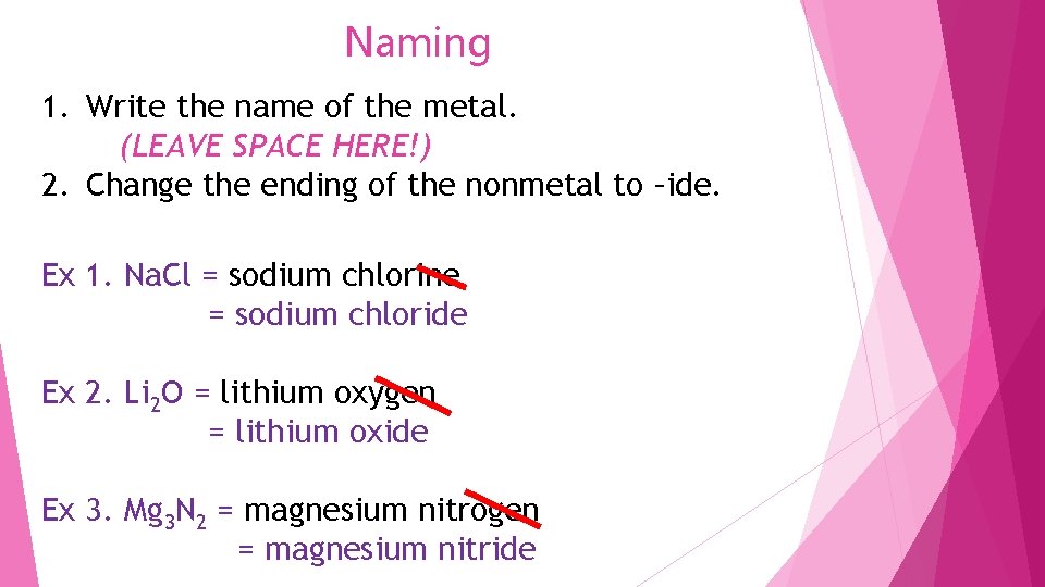 Naming 1. Write the name of the metal. (LEAVE SPACE HERE!) 2. Change the