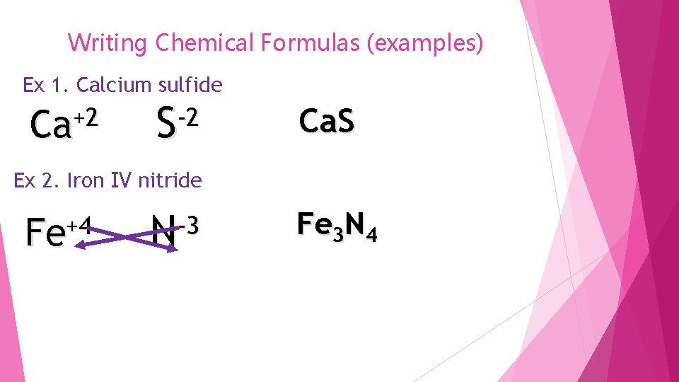 Writing Chemical Formulas (examples) Ex 1. Calcium sulfide +2 Ca S -2 Ca. S