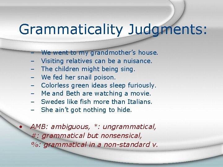 Grammaticality Judgments: – – – – • We went to my grandmother’s house. Visiting
