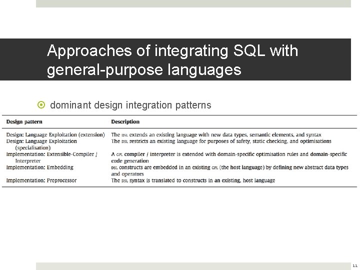Approaches of integrating SQL with general-purpose languages dominant design integration patterns 11 Approaches of integrating SQL with general-purpose languages dominant design integration patterns 11
