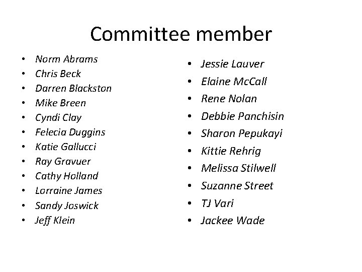 Committee member • • • Norm Abrams Chris Beck Darren Blackston Mike Breen Cyndi