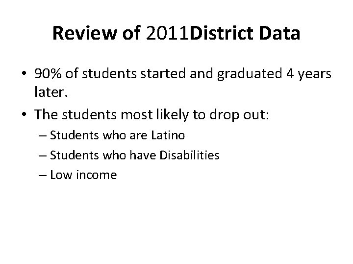 Review of 2011 District Data • 90% of students started and graduated 4 years