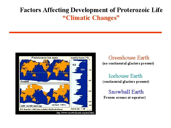 Factors Affecting Development of Proterozoic Life “Climatic Changes” We now recognize three major Earth