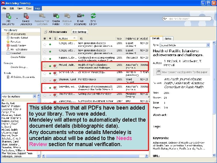 This slide shows that all PDFs have been added to your library. Two were