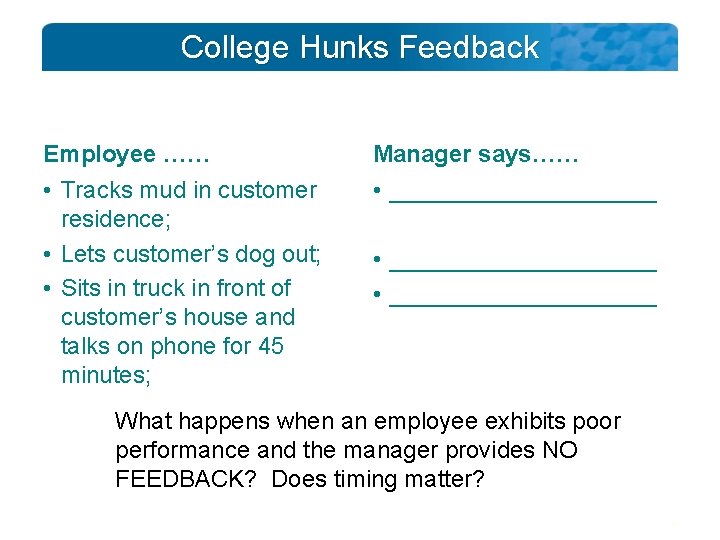 College Hunks Feedback Employee …… Manager says…… • Tracks mud in customer residence; •