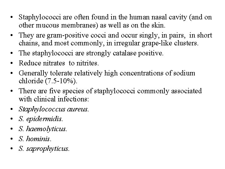 • Staphylococci are often found in the human nasal cavity (and on other • Staphylococci are often found in the human nasal cavity (and on other