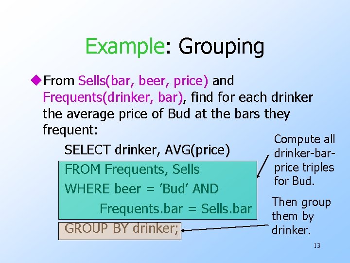 Example: Grouping u. From Sells(bar, beer, price) and Frequents(drinker, bar), find for each drinker