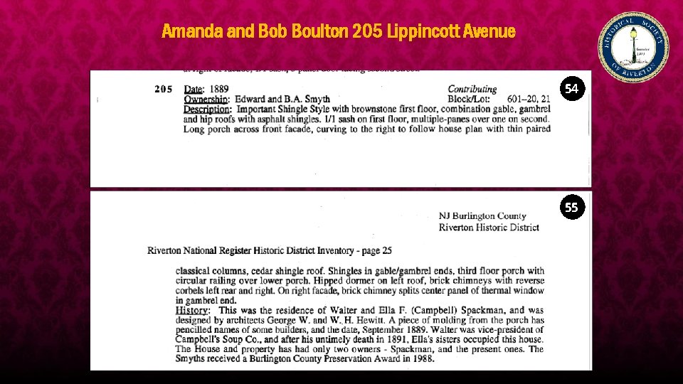 Amanda and Bob Boulton 205 Lippincott Avenue 54 55 