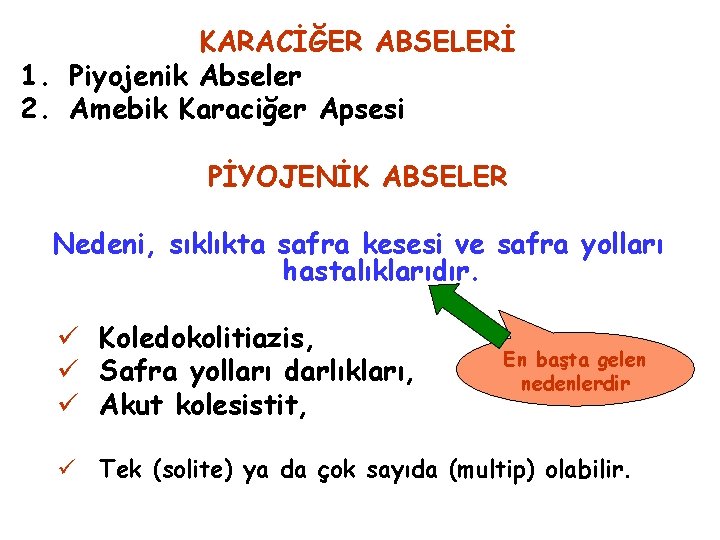 KARACİĞER ABSELERİ 1. Piyojenik Abseler 2. Amebik Karaciğer Apsesi PİYOJENİK ABSELER Nedeni, sıklıkta safra