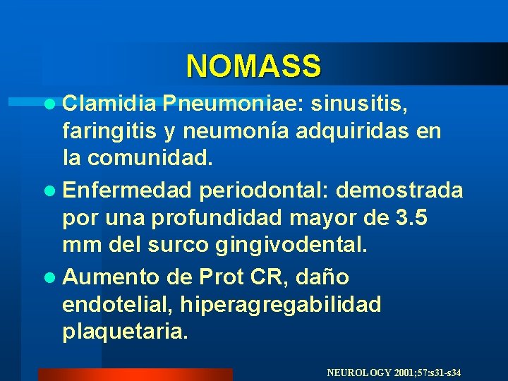 NOMASS l Clamidia Pneumoniae: sinusitis, faringitis y neumonía adquiridas en la comunidad. l Enfermedad NOMASS l Clamidia Pneumoniae: sinusitis, faringitis y neumonía adquiridas en la comunidad. l Enfermedad