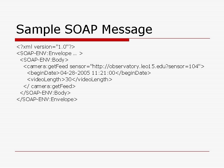 Sample SOAP Message <? xml version="1. 0"? > <SOAP-ENV: Envelope … > <SOAP-ENV: Body>