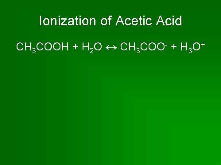 Ionization of Acetic Acid CH 3 COOH + H 2 O CH 3 COO-