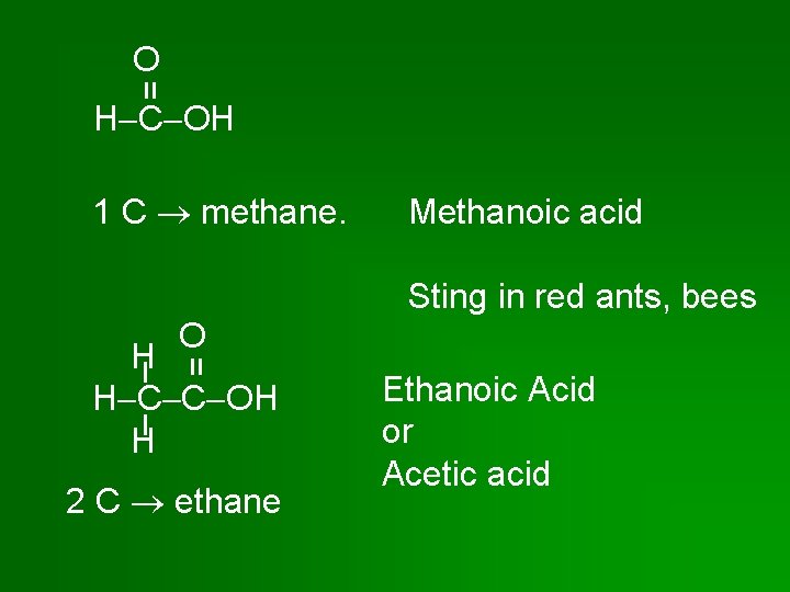 = O H C OH 1 C methane. Methanoic acid Sting in red ants,