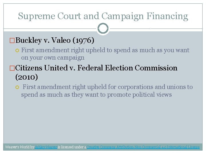 Supreme Court and Campaign Financing �Buckley v. Valeo (1976) First amendment right upheld to