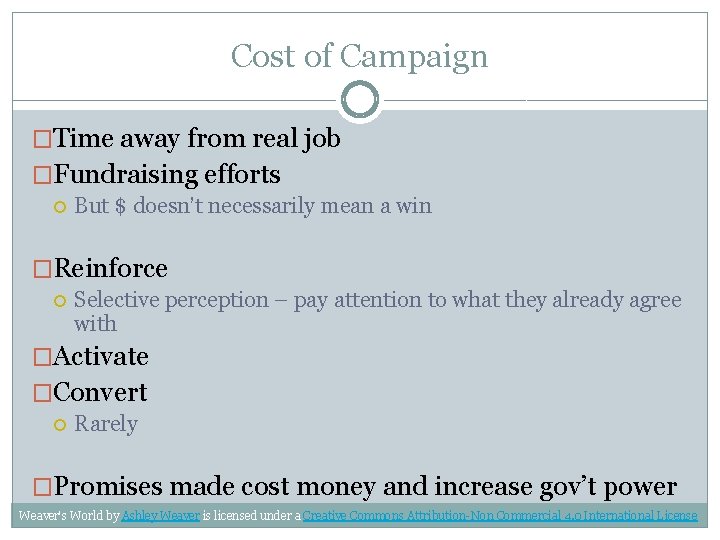 Cost of Campaign �Time away from real job �Fundraising efforts But $ doesn’t necessarily