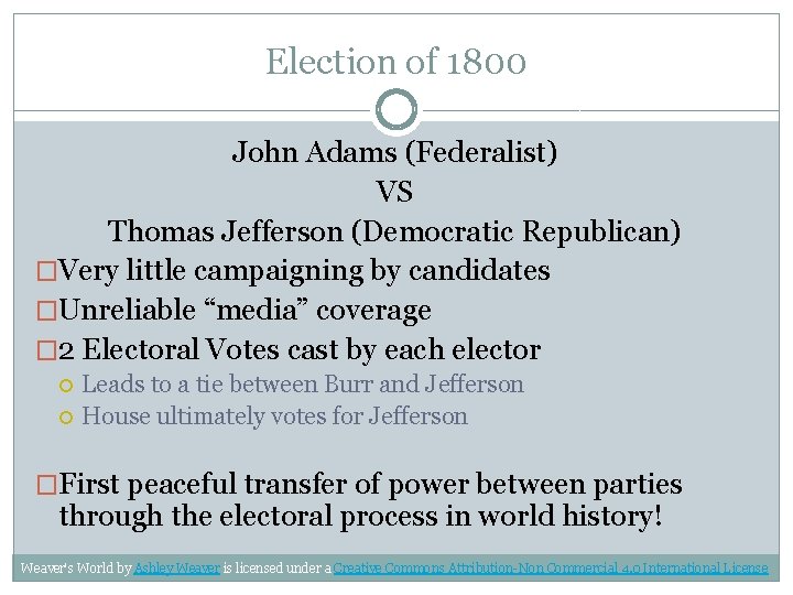 Election of 1800 John Adams (Federalist) VS Thomas Jefferson (Democratic Republican) �Very little campaigning