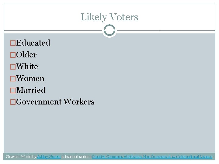 Likely Voters �Educated �Older �White �Women �Married �Government Workers Weaver's World by Ashley Weaver