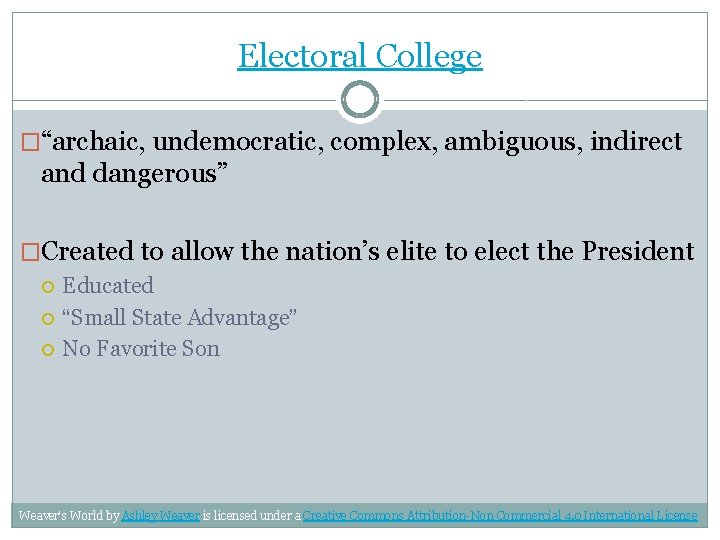 Electoral College �“archaic, undemocratic, complex, ambiguous, indirect and dangerous” �Created to allow the nation’s