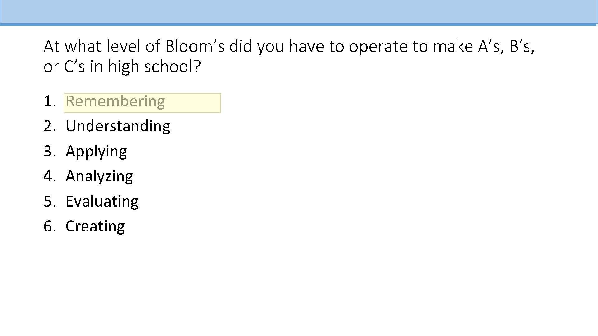 At what level of Bloom’s did you have to operate to make A’s, B’s,