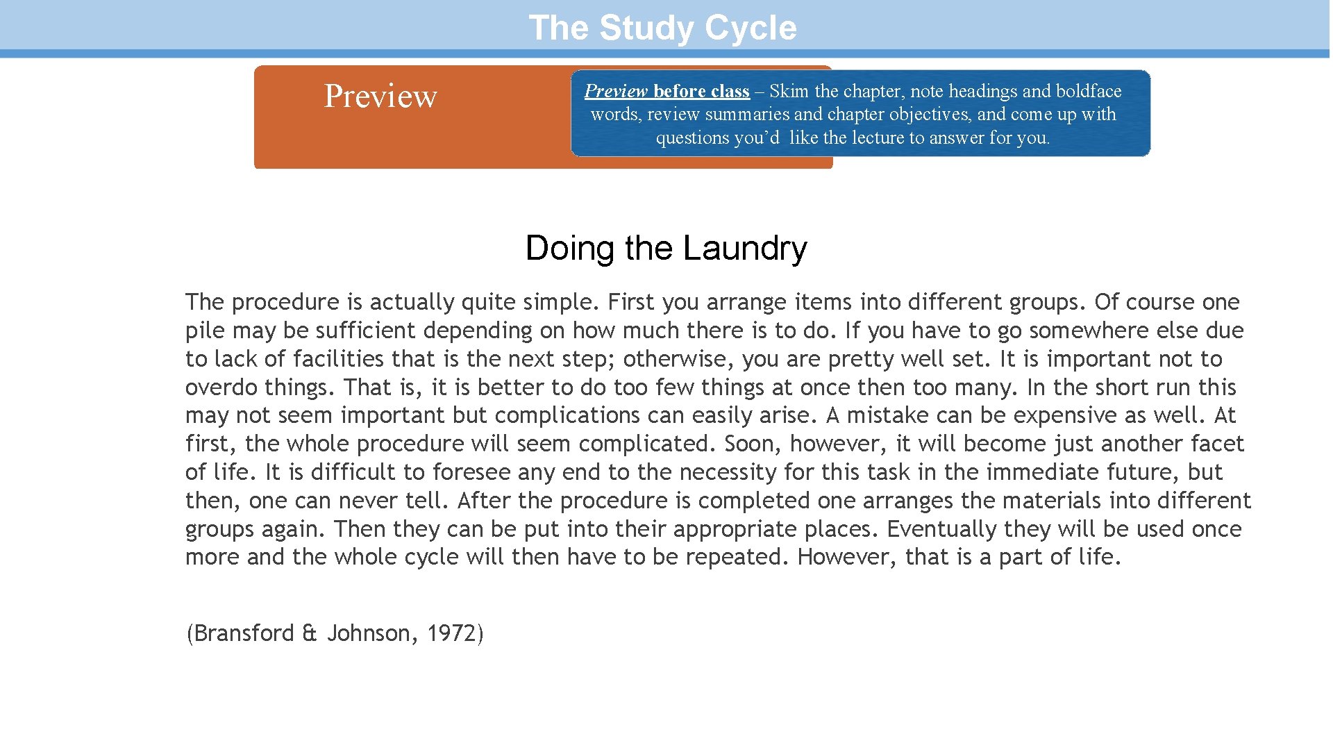 The Study Cycle Preview before class – Skim the chapter, note headings and boldface