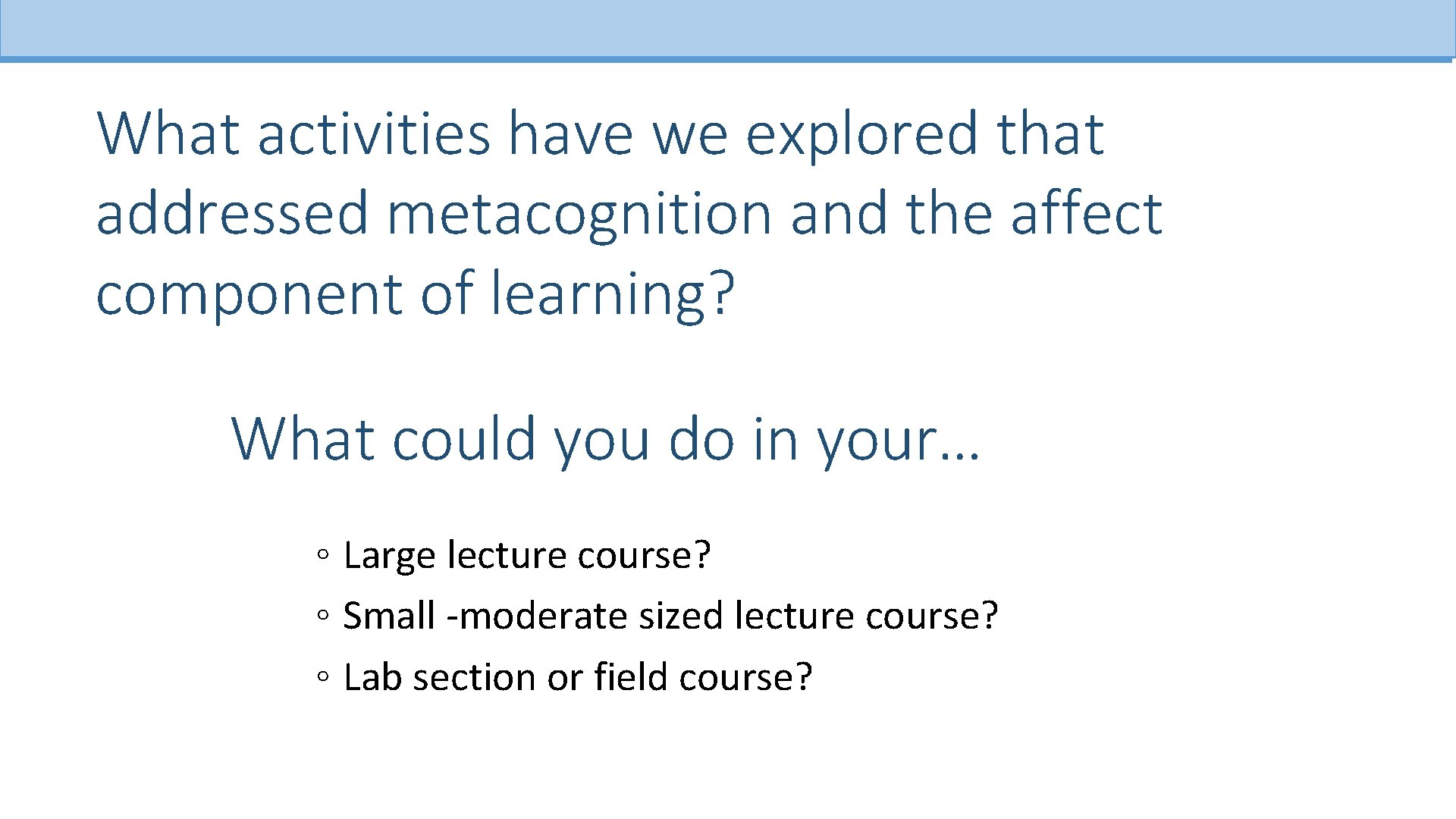 What activities have we explored that addressed metacognition and the affect component of learning?