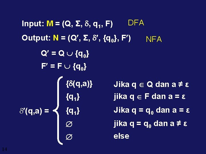 Input: M = (Q, Σ, , q 1, F) DFA Output: N = (Q