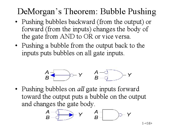 De. Morgan’s Theorem: Bubble Pushing • Pushing bubbles backward (from the output) or forward