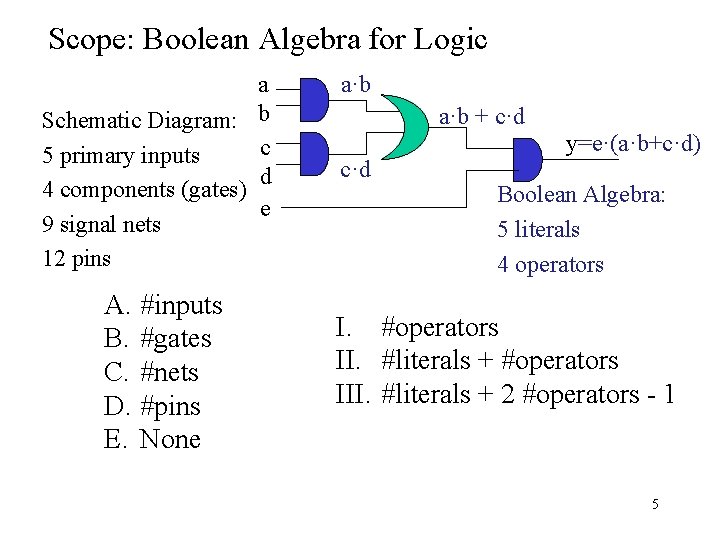 Scope: Boolean Algebra for Logic a Schematic Diagram: b c 5 primary inputs d