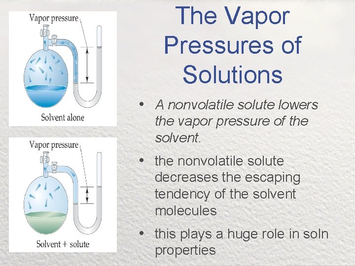 The Vapor Pressures of Solutions • A nonvolatile solute lowers the vapor pressure of