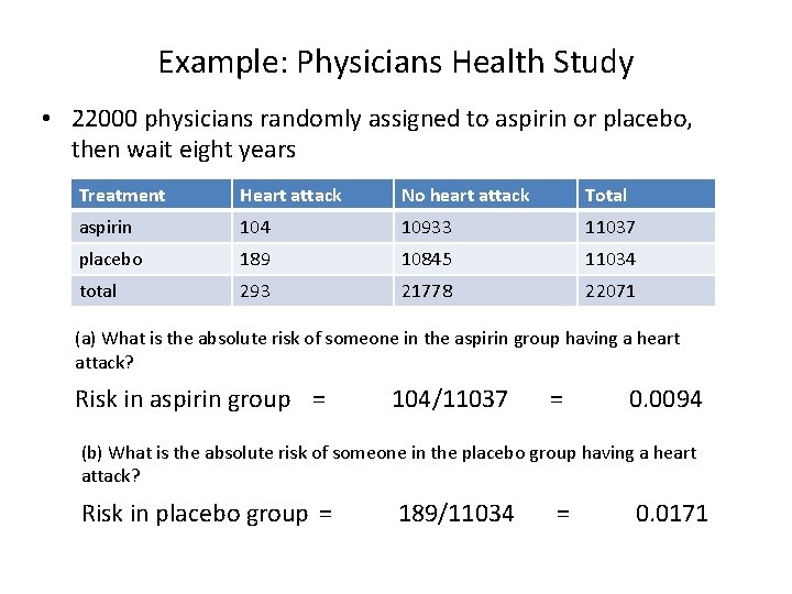 Example: Physicians Health Study • 22000 physicians randomly assigned to aspirin or placebo, then