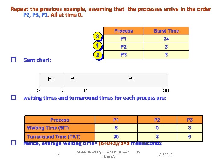 Repeat the previous example, assuming that the processes arrive in the order P 2,