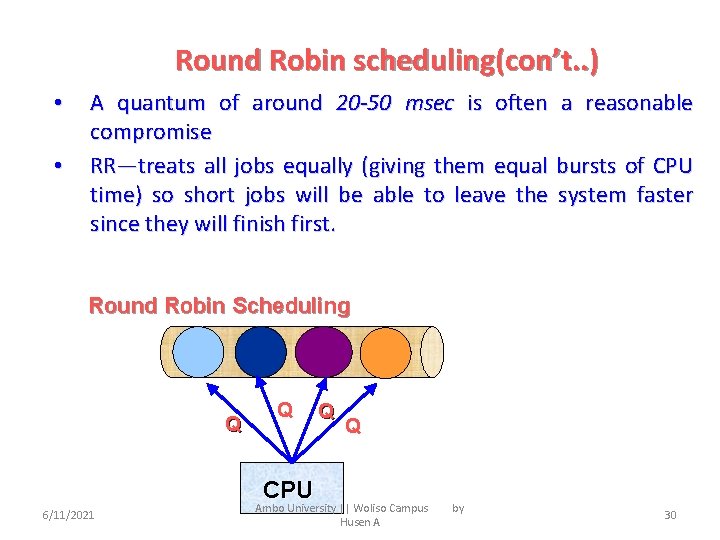 Round Robin scheduling(con’t. . ) • • A quantum of around 20 -50 msec