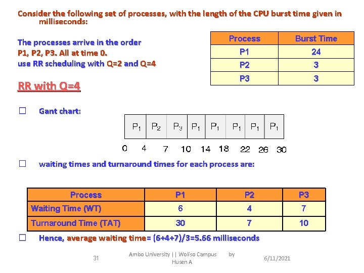 Consider the following set of processes, with the length of the CPU burst time