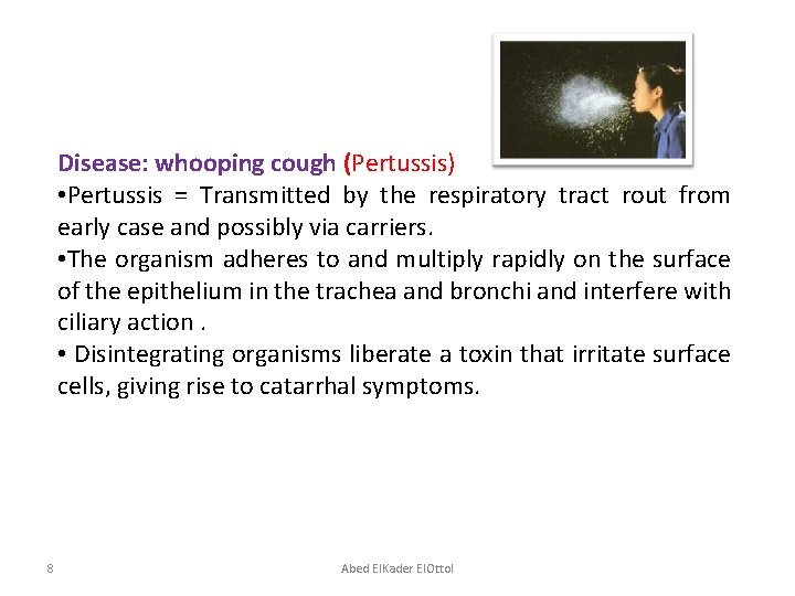Disease: whooping cough (Pertussis) • Pertussis = Transmitted by the respiratory tract rout from