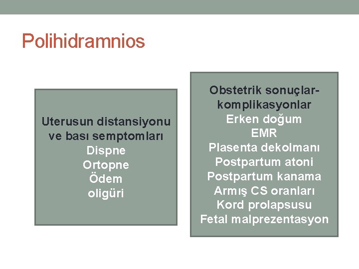 Polihidramnios Uterusun distansiyonu ve bası semptomları Dispne Ortopne Ödem oligüri Obstetrik sonuçlarkomplikasyonlar Erken doğum